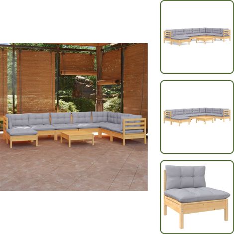 9-tlg. Garten-Lounge-Set mit Grauen Kissen Kiefer Massivholz - Gartenzubehör - Lounge Set - Gartenmöbel - Rattan Möbel - Outdoor Furniture (1/5)