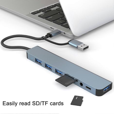 Hub USB-A et USB-C 8 en 2, station d'accueil Type-C, adaptateur multiport, USB 3.0, transfert de données rapide, SD, TF, C