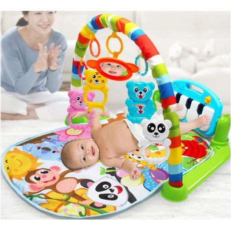 Tapis d'éveil pour bébé, couverture de jeu avec arche d'activités et piano à pieds, parc de jeux pour nourrisson, set de tapis sensoriel avec jouets suspendus, idéal pour le sol, 100% coton, bleu et g (1/3)