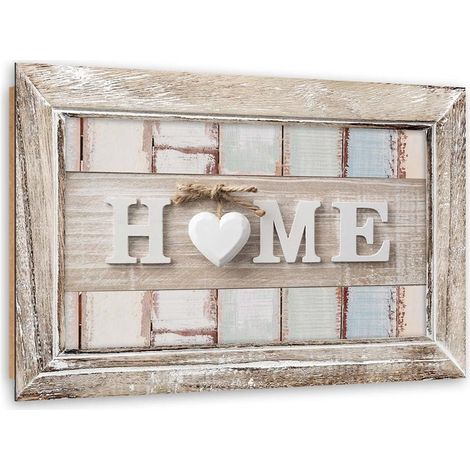 Quadro deco panel, Iscrizione a casa con cuore in una cornice in stile vintage - 100x70 (1/5)