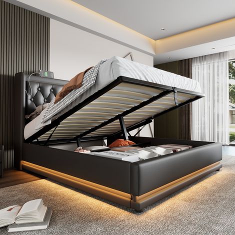 lit adulte double rangement LED 160x200 PU noir USB OKMYHOME (1/5)