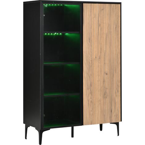 Vitrina moderna vintage 90 cm en MDF negro y efecto madera con 2 puertas y LED RGB (1/5)