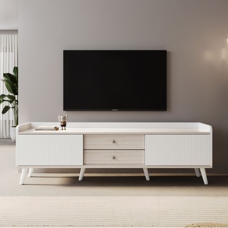 Mueble TV 2 Cajones, 2 Puertas Correderas, Textura Exquisita, Blanco Y Madera Natural, H58/L160/P40 (1/5)
