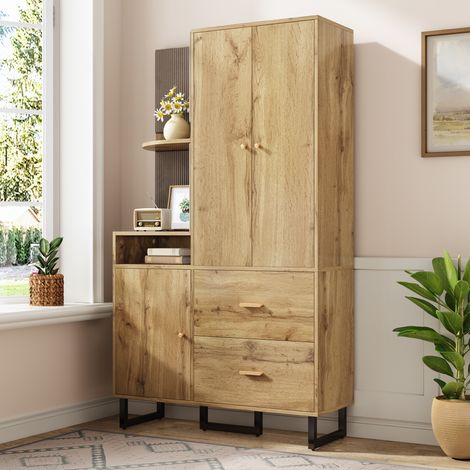 Armoire d’entrée 110 x 186 x 38 cm avec penderie extractible, MDF noir et naturel HAVRYA (1/5)