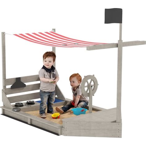 Bac à sable en forme de bateau pirate avec auvent, fourni avec ensemble de cuisine ludique pour enfants, bois massif, 180 × 103 × 144,5 cm, gris (1/5)