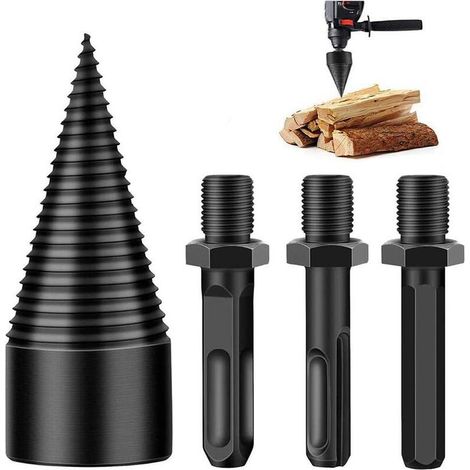 Foret de Fendage de Bois, Foret Conique, Foret à Bois pour Fendre du Bois 42mm, Durable Outil De Broyage De Bois De Cne De Vis De Fendage avec 3 Poignées de Forage, Carré/Rond/Hexagonal (1/5)