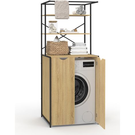 Idmarket – Meuble dessus machine à laver fermé – Bois clair et métal noir – 2 étagères – Dimensions 66x62,5x162 cm – Style industriel (1/5)