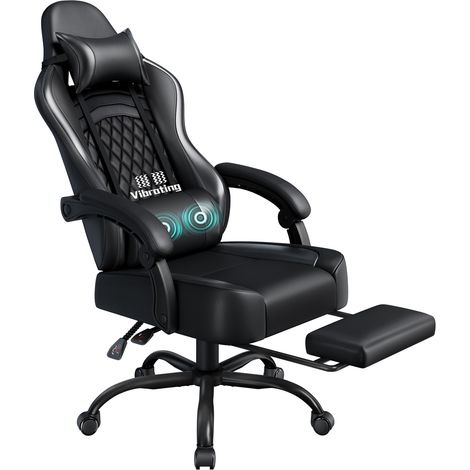Yaheetech Sedia da Gaming Massaggiante, Sedia da Ufficio con Poggiatesta, Poggiapiedi e Cuscino Lombare, 360° Girevole, Regolabile in Altezza, Poltrona Gaming per Computer, Ufficio (Nero) (1/5)