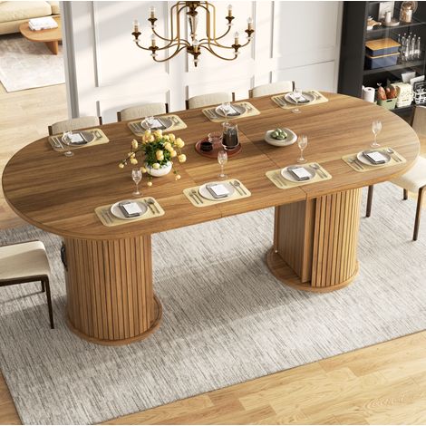 Mesa de comedor extensible de MDF marrón oscuro con espacio oculto y asas metálicas, 150-190 cm (1/5)