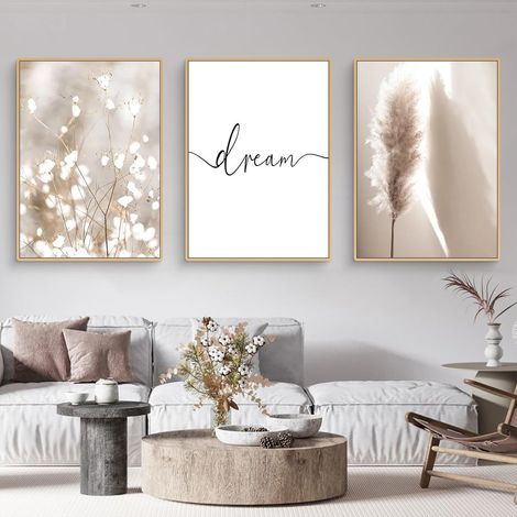 Ensemble de 3 posters, Images modernes de style bohème avec herbe de la pampa pour décoration de salon et chambre à coucher, images murales beige, impression d'art sur toile sans cadre (1/5)