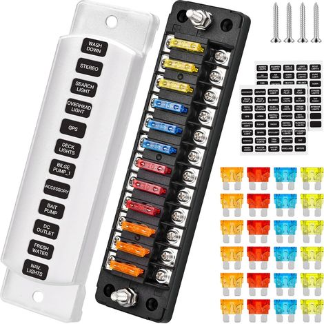 Porte Fusible 12V à 12 Compartiments, Boite Fusible avec Couvercle de Protection, Portefusible avec 24 fusibles, Pour le Camion de Camion Auto Van SUV Marin (1/5)
