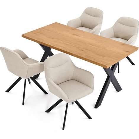 GOEURVANT Conjunto comedor Roble Silvestre y Tela Beige, 5 piezas, Mesa industrial con patas X y 4 sillas de comedor ergonómicas giratorias con acolchado grueso (1/5)