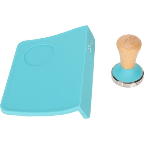 Kaffeepulver-Presswerkzeug-Set mit Holzgriff, flachem Hammerfuß und rutschfester Silikon-Tampermatte mit Schlitz (blaue Matte, 58 mm Hammerdurchmesser) (1/5)