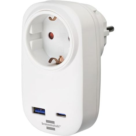BRENNENSTUHL ADAPTATEUR DE PRISE AVEC USB C POWER DELIVERY ET USB A (MULTIPRISE AVEC USB POUR CHARGE RAPIDE, 1 PORT USB C POWER