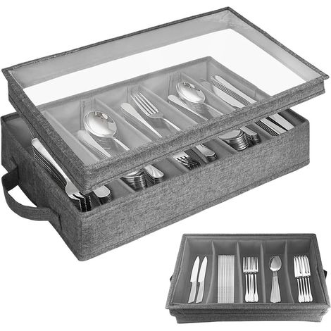 Besteckkasten mit Deckel, herausnehmbaren und 5 verstellbaren Fächern, 42,5 x 29 x 8 cm, wasserabweisend, staubdicht, Besteckkasten, Aufbewahrungsbox für Besteck, Messer, Gabeln, Löffel (1/5)