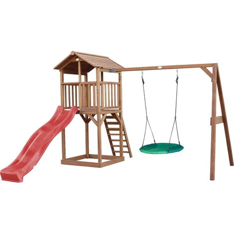 Axi Beach Tower Aire De Jeux Avec Toboggan En Rouge, Balançoire Nid D'Oiseau Vert & Bac À Sable  Grande Maison Enfant Extérieur En Marron  Cabane De Jeu En Bois Fsc