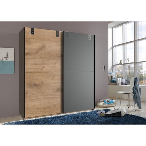 Armoire design 2 portes coulissantes chêne poutre rechampis graphite - L180 x H198 x P64 cm -PEGANE- (1/2)