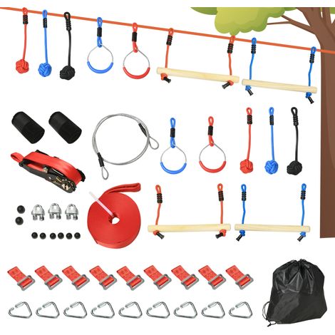 Parcours d'obstacles ninja pour enfants, 30 accessoires et sac de transport, slackline de 10 m de long bleue, noire et rouge