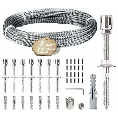Support de plantes grimpantes. Kit de suspension en corde inox 12 m. Comprend câble 3 mm et 8 tendeurs. Convient jardins, murs béton, panneaux clôture, bois massif. (8 tendeurs de 12 m) (1/4)