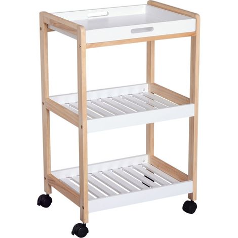 Chariot de service desserte de cuisine à roulettes 2 étagères + plateau amovible bois de pin MDF blanc (1/5)