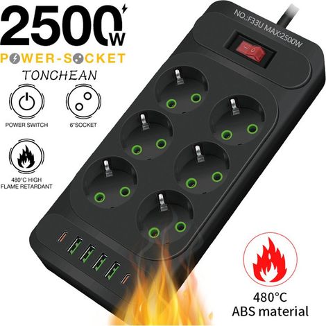 Multiprise Murale 6 Prises et 4 USB avec 2 USB C, Electrique 12 en 1, Multiprise Secteur pour la Maison Le Bureau Noir (1/4)