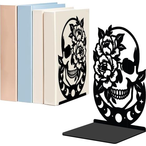 WADORN 1 Paire de Serre-Livres Décoratifs Métalliques Gothiques Crâne pour Étagères Serre-Livres Robustes Modernes Anti-dérapants Support de Livres pour École Bibliothèque Bureau à Domicile (1/5)