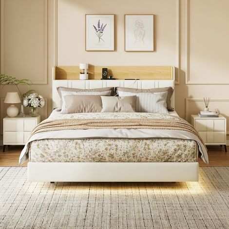 Letto matrimoniale 140x190 cm per adulti, illuminazione LED e design sospeso, testiera con contenitore e porte USB/Type-C, stile scandinavo, Bianco (1/5)