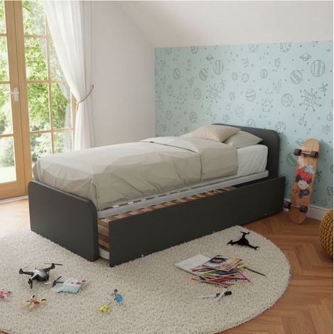 Letto singolo con letto estraibile, trasformabile in matrimoniale. Testate personalizzabili, reti in acciaio e doghe in faggio - Basalto