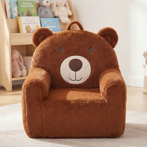 Wahson Canape Enfant en Fausse Fourrure, Petit Fauteuil d'enfant, Poches de Rangement, Rembourre et Confortable pour filles et gargons, Chambre d'enfant/Salon, Ours Brun