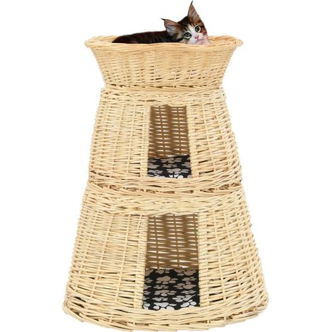 Ensemble de 3 paniers pour chat avec coussin, 47 x 34 x 60 cm, osier naturel