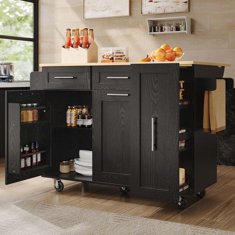 Îlot de cuisine 110x46x90.5 cm noir en MDF et métal avec plateau rabattable et rangement (1/5)