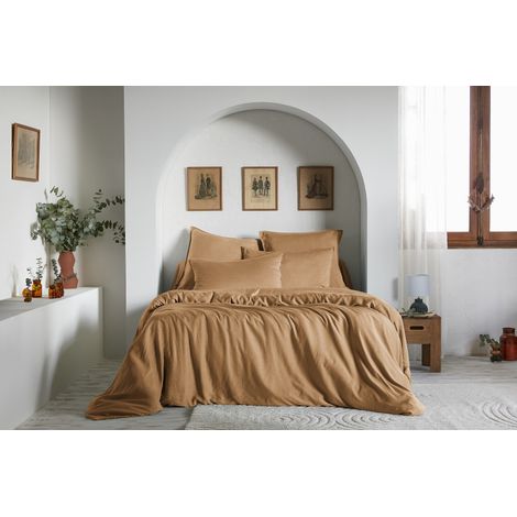 Pack complet housse de couette "Lysandre" toutes dimensions "Lyocel" L'effet Papillon - Lysandre Camel - Pack 4 Pièces pour lit 140 x 190 cm (1 Housse de couette 240 x 220 + 2 Taies Taie 63 x 63  + 1 