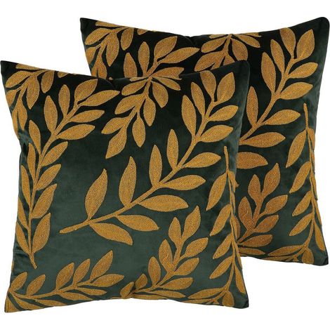 Set of 2 Decorative Cushions MISTLETOE Velvet 45 x 45 cm Green Gold Plant Pattern (1/5)