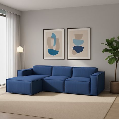 Dmora - Canapé fixe Dflori, Canapé modulable 3 places avec péninsule gauche, 100% Made in Italy, Canapé moderne en tissu, Cm 300x170h70, Bleu (1/5)