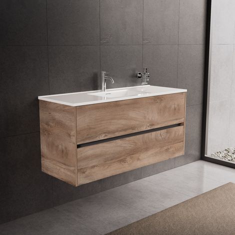 Inda - Badezimmerschrank 2 Schubladen L.120 mit glänzendem Waschbecken / Natureiche - Diamante
