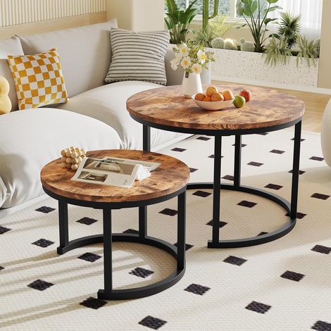 Table basse ronde, lot de 2 table basse de salon de style industriel table d'appoint emboîtable en métal et bois ensemble de tables basses en métal marron (1/5)