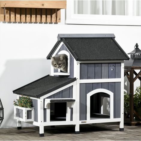 Maison pour chat en bois grise, 2 niveaux, repos et observation, 96 x 65 x 85,5 cm (1/5)