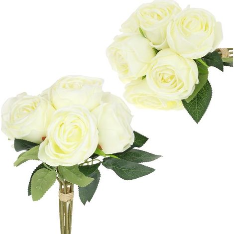 Fiori artificiali Rose 7 pezzi Bouquet di rose già pronto Composizione floreale per vaso - Bianco (1/5)