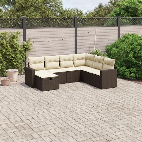 Canapé d'angle en résine tressée marron avec 7 coussins lavables et repose-pieds, salon de jardin confortable et modulaire (1/4)
