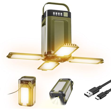 Lanterne de camping avec fonction batterie externe - Charge solaire et USB-C - 4 lampes mobiles, 6 modes d'éclairage, 2000 mAh - Étanchéité IPX4 pour le camping, la randonnée, les urgences (1/5)