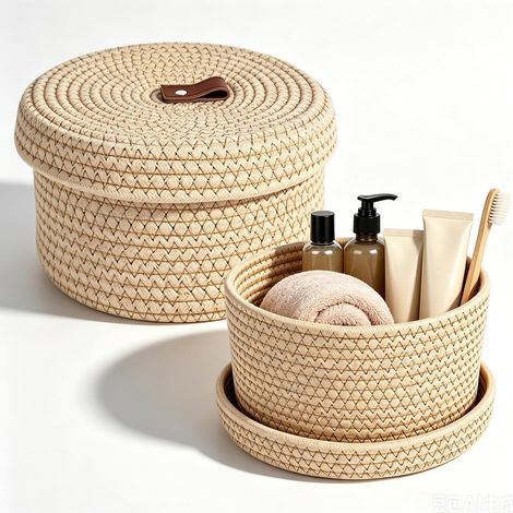 2er-Set Aufbewahrungskörbe mit Deckel, Baumwollkordel mit runden Griffen – Multifunktionaler Organizer für Regale, Wohnzimmer und Badezimmer – Khaki (1/5)