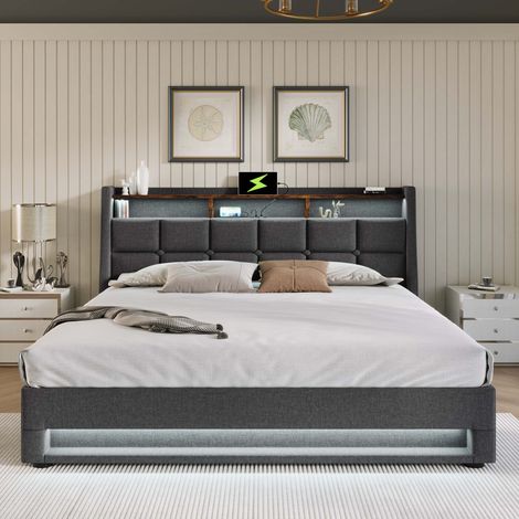 Lit banquette coffre 90x200 cm gris en bois, rangement hydraulique, tête de lit avec placards et étagères, sommier 15 lattes inclus, sans matelas (1/5)