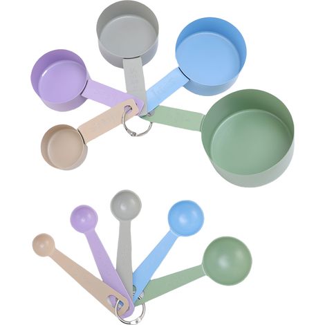 Set di misurini e cucchiai in acciaio inossidabile colorati, di varie dimensioni, impilabili, ideali per cucinare e preparare dolci. (1/5)