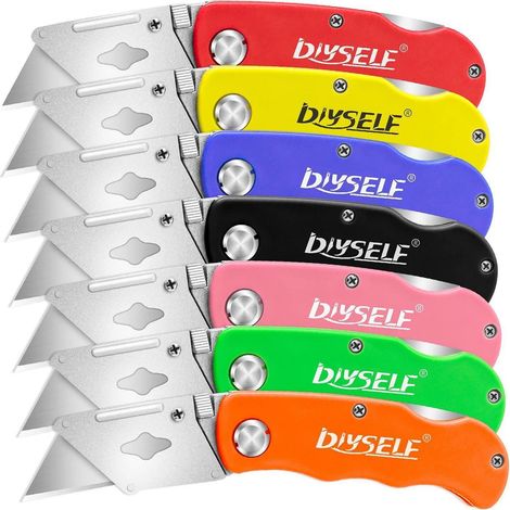 7er Pack Klappmesser mit Schnellwechsel und Verriegelung Teppichmesser, Kartonmesser, Universalmesser Rot, Grün, Blau, Schwarz, Rosa, Gelb, Orange