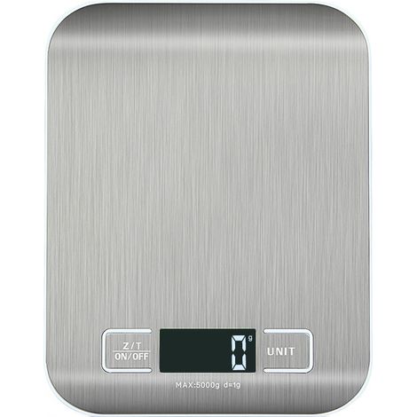 Hochpräzise elektronische Küchenwaage 5000 g/1 g mit hintergrundbeleuchtetem LCD-Display, 5 Tara-Einheiten, Edelstahl, Smart Digital