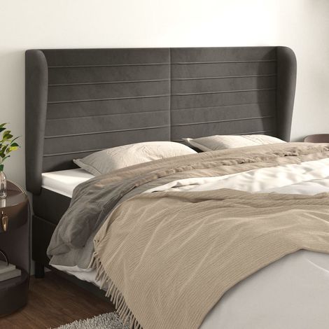 Tête lit de avec oreilles pour lit double, Cadre de lit, Tableau décoratif de chevet Gris foncé 203x23x118/128 cm Velours CDE96678 (1/5)