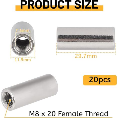LALAGO 20 pièces Écrou Long Rond M8 x 30, Longueur Manchon Fileté en Acier Inoxydable V2A VA A2, Douille avec Filetage Intérieur, Écrous D'extension D'écartement de Raccordement pour Remplacement (1/4)