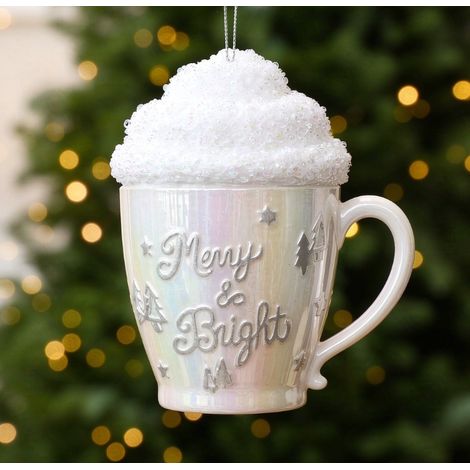 Ornement suspendu sapin de Noël mug nacré irisé 12 cm, gravure Merry & Bright (1/3)