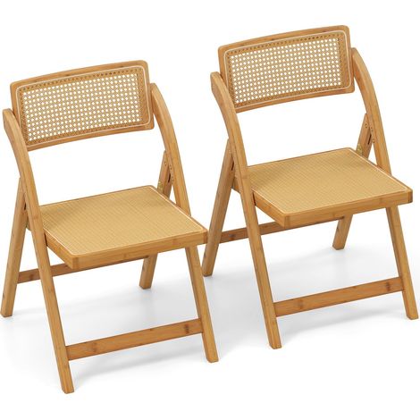 COSTWAY Set di 2 Sedie Pieghevoli in Rattan, Sedie da Sala Pranzo in Bambù con Schienale Rotolante, Sedie Stile Boho Senza Necessità di Montaggio, Capacità di 150 kg, per Cucina e Soggiorno, Naturale (1/5)