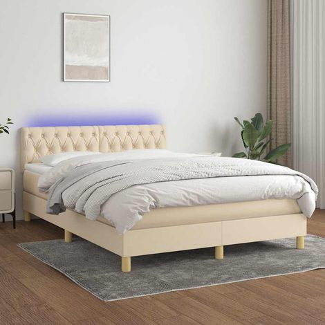 Cama box spring colchón y luces LED tela crema 140x190 cm (1/5)